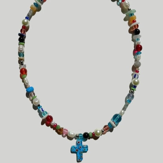 BLUE MINI CROSS HEART NECKLACE 