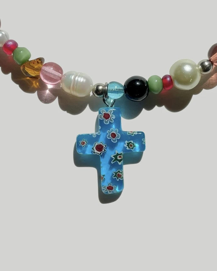 BLUE MINI CROSS HEART NECKLACE